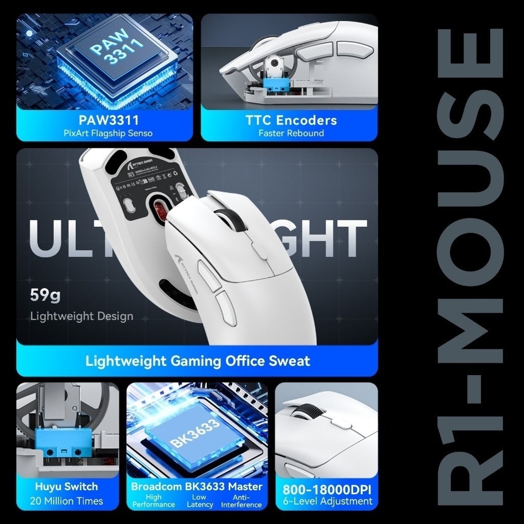 Attack Shark R1 Mouse with PAW3311 Sensor Three-mode Wireless Bluetooth Gaming Mouse Customizable